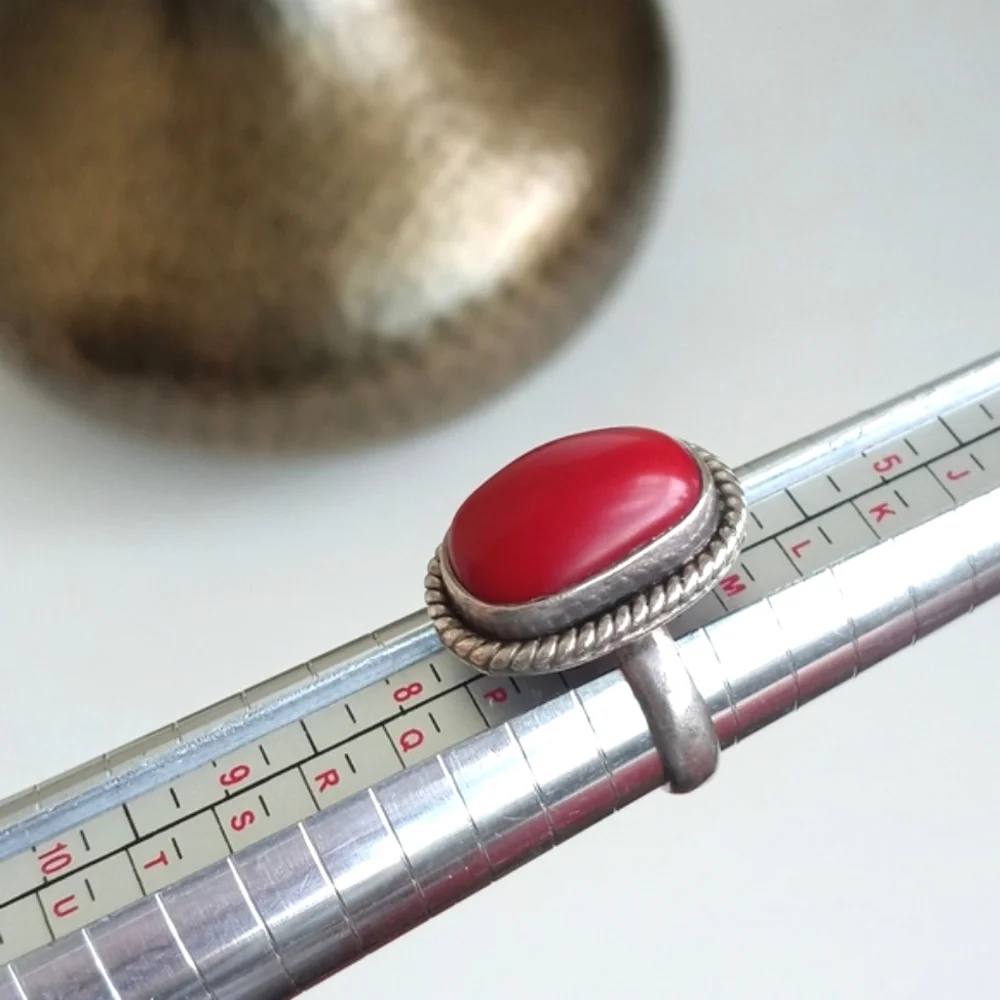 Vintage Red Coral Gemstone 925 Sterling Silver Ring from India Size 7